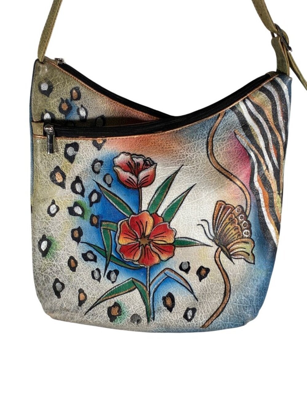 Hand-Painted Leather hobo Shoulder Bag With Floral & Butterfly Design By Biacci